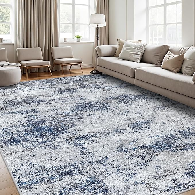 Area Rug 9x12 Washable Rugs: Abstract Large Living Room Rugs with Non-Slip Backing, Stain Resistant Indoor Floor Carpet for Bedroom Dining Room Table Nursery Hallway Home Office Blue/Gray/Black-CubbioJoy