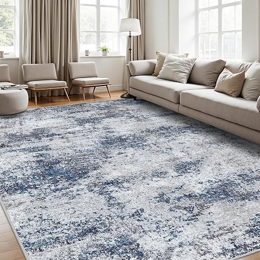 Area Rug 9x12 Washable Rugs: Abstract Large Living Room Rugs with Non-Slip Backing, Stain Resistant Indoor Floor Carpet for Bedroom Dining Room Table Nursery Hallway Home Office Blue/Gray/Black-CubbioJoy