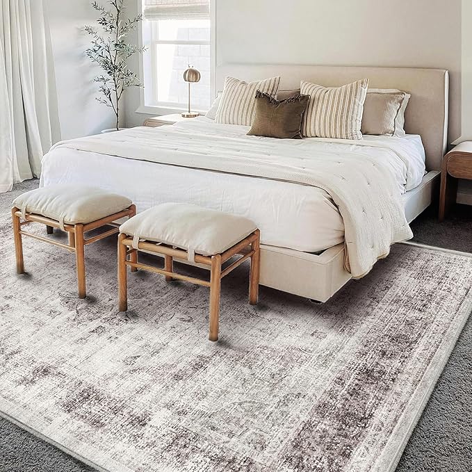 Area Rug 6'x9' Washable Floral red Vintage Traditional Floor Cover Thin Retro Kitchen Indoor Distressed Non Slip Carpet for Living Room Bedroom Dining Room-CubbioJoy