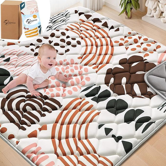 Baby Play Mats for Floor, 50x50 Playpen Mat for Babies, Extra Thicker & Soft Floor Crawling Mat, Foldable Non-Slip Playmat for Infants Toddlers, Boho Leaf Dark Brown-CubbioJoy