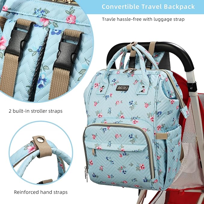 Diaper Bag Backpack for Women, Baby Bags for Girls,Diaper Bag with Changing Pad, and Insulated Pockets-Blue Flowers-CubbioJoy
