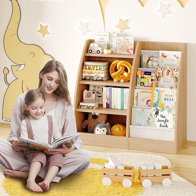 4 Tier Kids Bookshelf Set of 2,4 Layer Sling Kids Book Shelf for Kids Rooms,Wood Children Bookcase,Baby Storage Book Rack,Toddler Bookshelf, Book and Toy Organizer,Book Display Shelf for Nursery-CubbioJoy