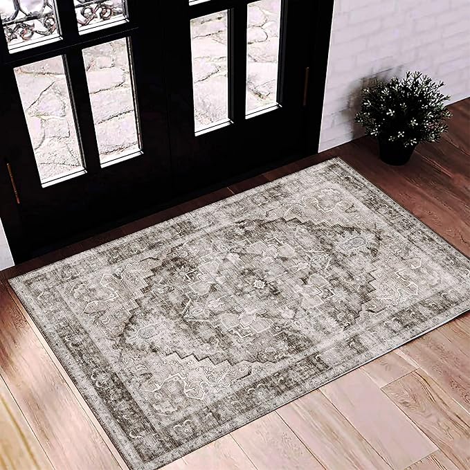 2'x3' Deep Khaki Area Rug Washable Door Mat Vintage Distressed Doormat Indoor Entrance Traditional Thin Floral Print Non Slip Carpet for Kitchen Bathroom Bedroom Living Room-CubbioJoy