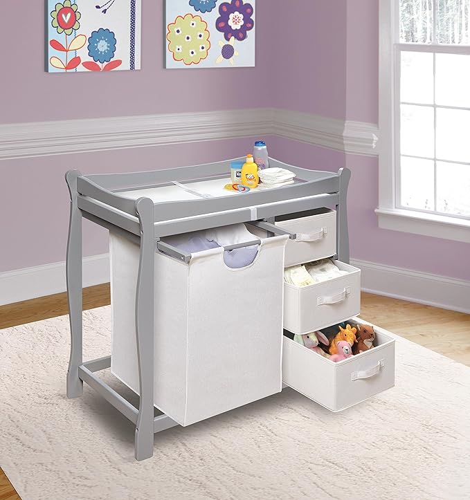 Badger Basket Sleigh-Style Baby Changing Table - Diaper Changing Station with 3 Storage Baskets - Nursery Organizer with Hamper, Changing Pad, Safety Rails - Gray-CubbioJoy