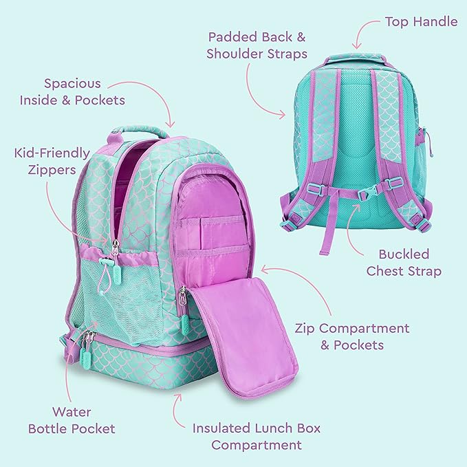 Bentgo Kids 2-in-1 Backpack & Insulated Lunch Bag - Durable 16” Backpack & Lunch Container in Unique Prints for School & Travel - Water Resistant, Padded & Large Compartments (Mermaid Scales)-CubbioJoy