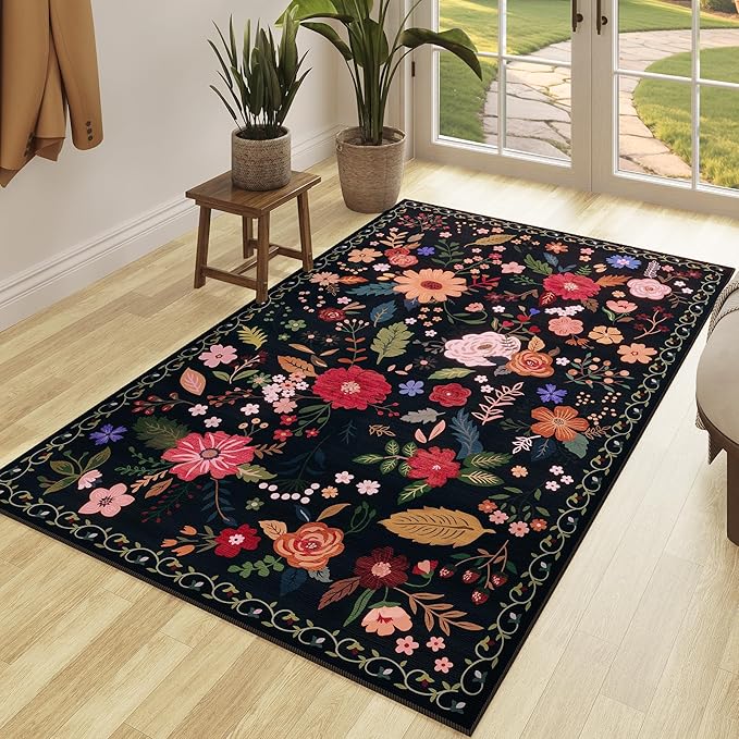 3x5 Area Rug, Floral Black Washable Rug for Entryway, Non Slip Flower Area Rugs, Soft Low Pile Indoor Doormat Small Carpet, Rugs for Living Room Bathroom Bedroom Nursery Kitchen Dining Room-CubbioJoy