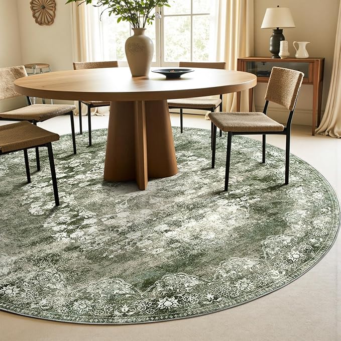 jinchan Round Rug 7ft Area Rug - Green Vintage Floor Mat Kitchen Indoor - Washable Circle 7' Thin Floral Print Carpet Retro Farmhouse Non Slip Dining Room Living Room Bedroom Office-CubbioJoy