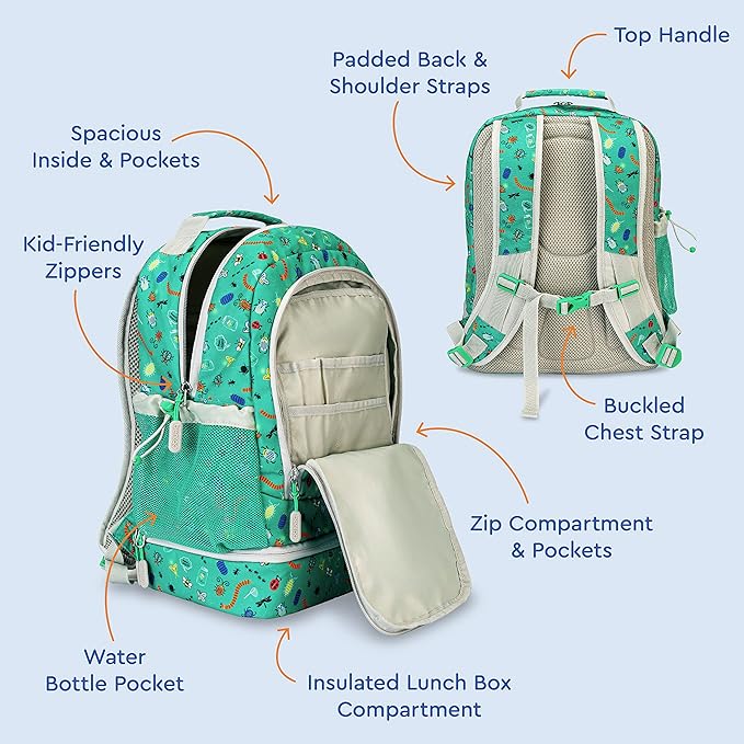 Bentgo Kids 2-in-1 Backpack & Insulated Lunch Bag - Durable 16” Backpack & Lunch Container in Unique Prints for School & Travel - Water Resistant, Padded & Large Compartments (Bug Buddies)-CubbioJoy