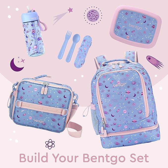 Bentgo Kids 2-in-1 Backpack & Insulated Lunch Bag - Durable 16” Backpack & Lunch Container in Unique Prints for School & Travel - Water Resistant, Padded & Large Compartments (Lavender Galaxy)-CubbioJoy
