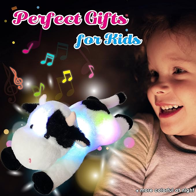 Cuteoy Glowing LED Cow Light-up Nightlight Toys Musical Plush Stuffed Animal Soft Singing Lullabies Birthday Christmas Plushies Gifts for Kids Boys Girls,15.5"-CubbioJoy