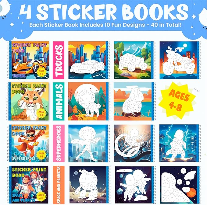 BulbaCraft 4Pcs Sticker Paint Books for Boys - Sticker Books by Number with Superheroes, Trucks, Animals and Space - Coloring Activity for Kids-CubbioJoy