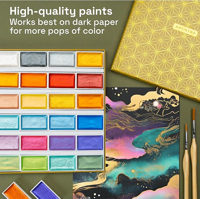 ARTISTRO Professional Metallic Watercolor Paint Set for Adults - 24 Pigment-Rich Colors, XL Pans, ASTM-I Lightfastness, High Tinting Strength Watercolor Set for Professionals made by professionals-CubbioJoy