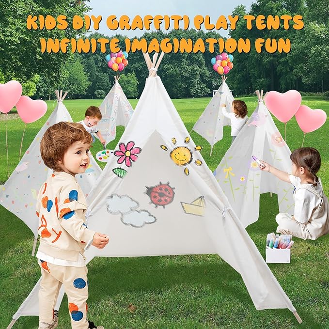 6 Pack Teepee Tent for Kids [Thickened] with Light String and Inflatable Airbed, Slumber Party Tents, Sleepover Tents Party for Girls Boys Indoor Outdoor (White)-CubbioJoy