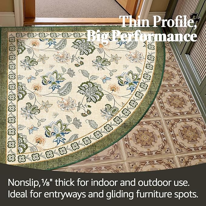 jinchan Floral Corner Rug for Entryway Washable Kitchen Rug Vintage Romance Design Non Slip Quarter Circle Lightweight Low-Pile Throw Carpet for Playroom Reading Nook Nursery, 4ft Radius, Green/Beige-CubbioJoy