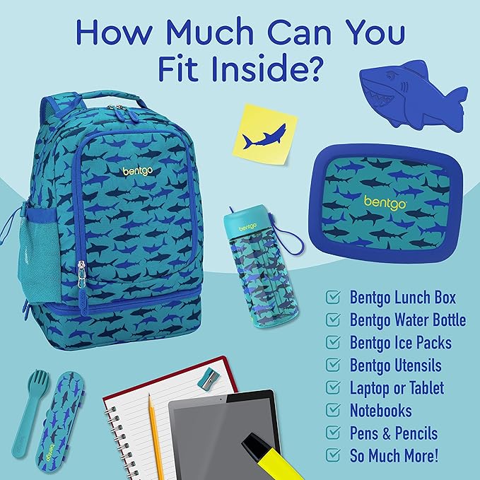 Bentgo Kids 2-in-1 Backpack & Insulated Lunch Bag - Durable 16” Backpack & Lunch Container in Unique Prints for School & Travel - Water Resistant, Padded & Large Compartments (Shark)-CubbioJoy