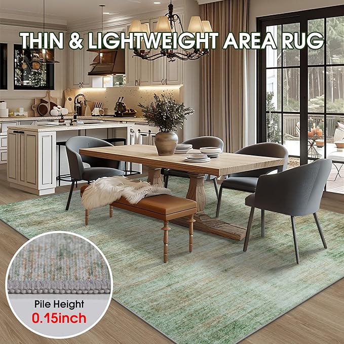 Area Rug 9x12 Washable Rugs: Abstract Large Living Room Rugs with Non-Slip Backing, Thin Carpet for Dining Room Table Bedroom Nursery Indoor Home Office-Light Green/Brown-CubbioJoy