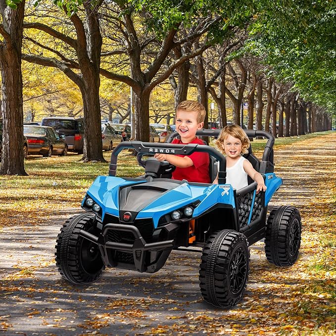 24V 2 Seater Ride On Car Truck, Power Wheels Kids UTV w/Parent Remote Control, 3.1 MPH Max Speed, Music Player, LED Lights & Storage, Electric Vehicle Ride On Toy for Kids Toddler Ages 3-8, Blue-CubbioJoy