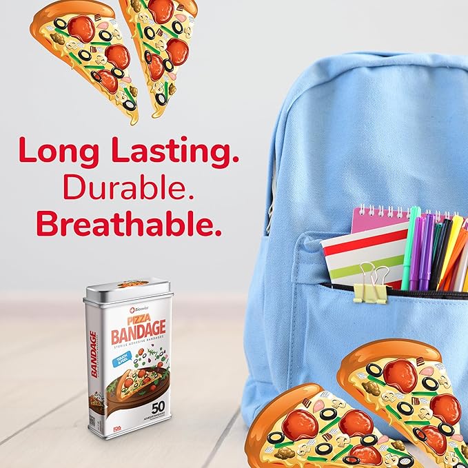 BioSwiss Bandages, Pizza Shaped Self Adhesive Bandage, Latex Free Sterile Wound Care, Fun First Aid Kit Supplies for Kids, 50 Count-CubbioJoy