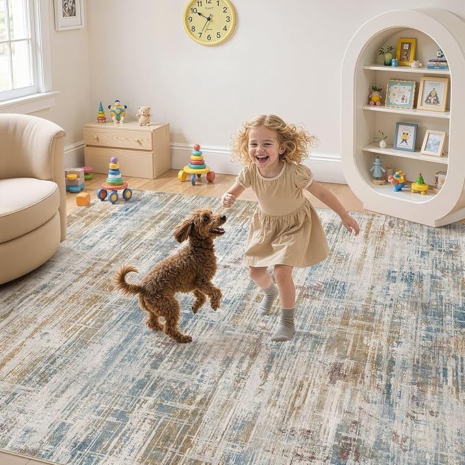 Area Rug for Living Room: 6x9 Washable Neutral Abstract Modern Soft Rugs Non Slip Indoor Floor Stain Resistant Large Carpet for Bedroom Dining Room Office Nursery - Blue Brown-CubbioJoy