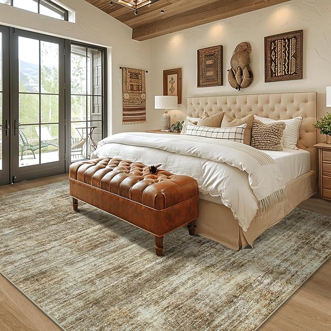 Area Rugs 8x10 Living Room Rugs: Large Modern Abstract Washable Rug with Non-Slip Backing, Thin Carpet for Dining Room Table Bedroom Nursery Indoor Home Office-Brown-CubbioJoy