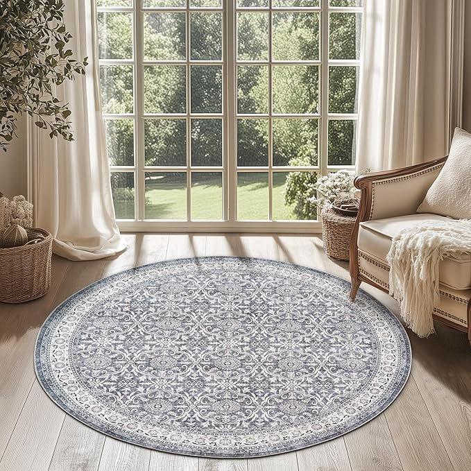 jinchan Round Rug 4ft Washable Circle Soft Rug - Low Pile Vintage 4'Round Indoor Grey Floral Print Stain Resistant Boho Carpet Ultra-Thin Non-Slip for Entryway Nursery Bedroom Dining Room Kitchen-CubbioJoy