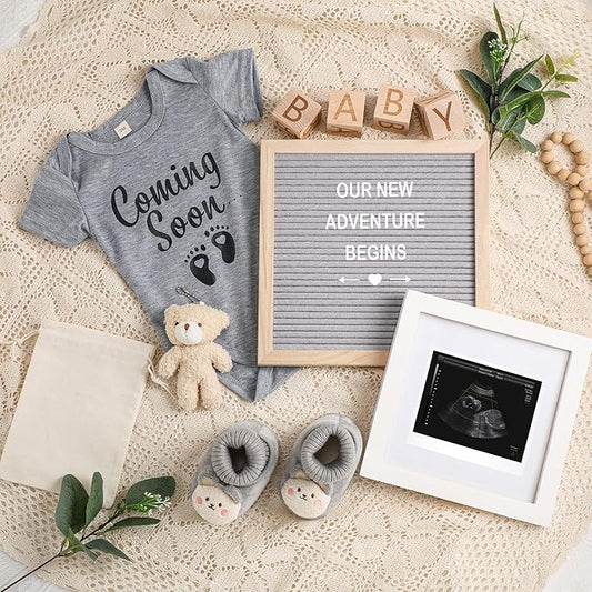 9 Pcs Pregnancy Announcement Set Pregnancy Reveal Ideas Felt Letter Board Baby Bodysuit Booties Photo Frame Bear Plush Wood Blocks for Coming Soon Baby Announcement(Gray)-CubbioJoy