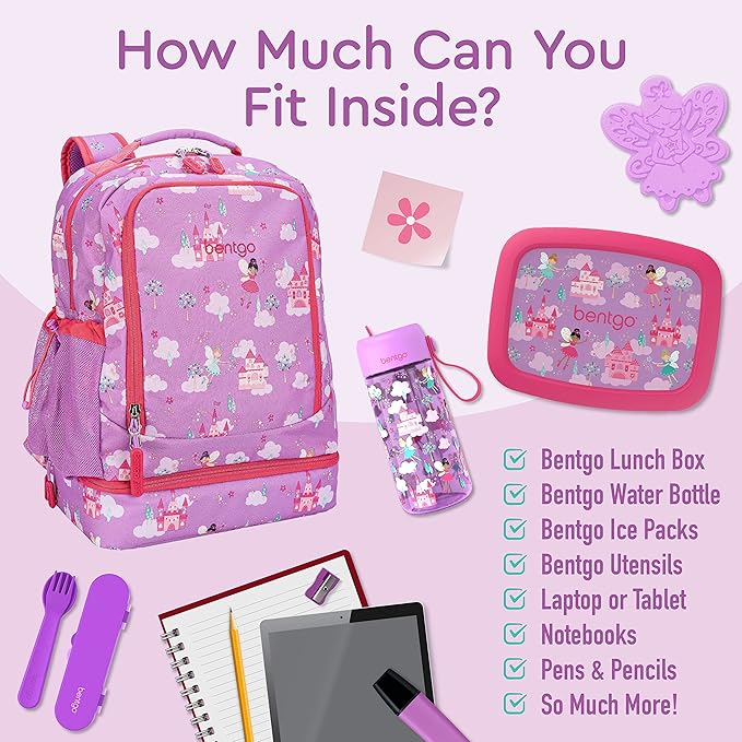 Bentgo Kids 2-in-1 Backpack & Insulated Lunch Bag - Durable 16” Backpack & Lunch Container in Unique Prints for School & Travel - Water Resistant, Padded & Large Compartments (Fairies)-CubbioJoy