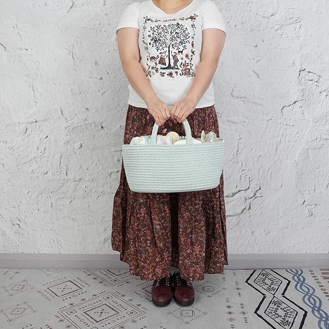 Diaper Caddy Organizer Cotton Rope Baby Basket Nursery Storage and Portable Tote Bag for Car Ideal Baby Shower Gifts and Registry Must-Have for Newborn Essentials light green-CubbioJoy