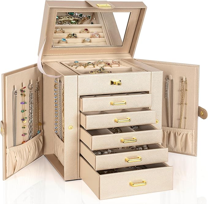AKOZLIN 6-Tier Jewelry Box Organizer Functional Leather Jewelry Storage Case for Women Girls Ring Necklace Earring Bracelet Holder Organizer with Mirror-CubbioJoy