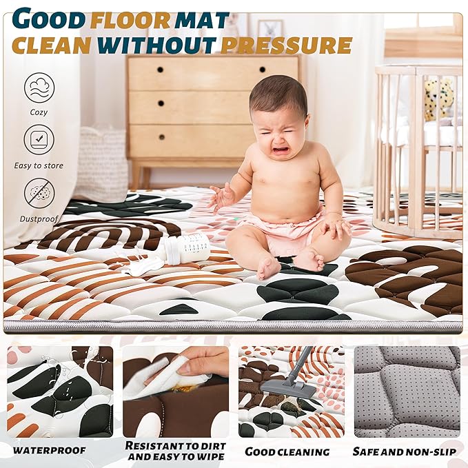 Baby Play Mats for Floor, 50x50 Playpen Mat for Babies, Extra Thicker & Soft Floor Crawling Mat, Foldable Non-Slip Playmat for Infants Toddlers, Boho Leaf Dark Brown-CubbioJoy