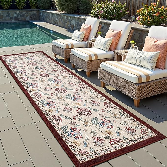 jinchan 3x10 Floral Runner Rug for Hallway Washable Kitchen Runner Vintage Romance Design Non Slip Thin Indoor Floor Cover Low-Profile Throw Carpet for Entryway Bathroom Bedroom Porch, Red/Beige-CubbioJoy