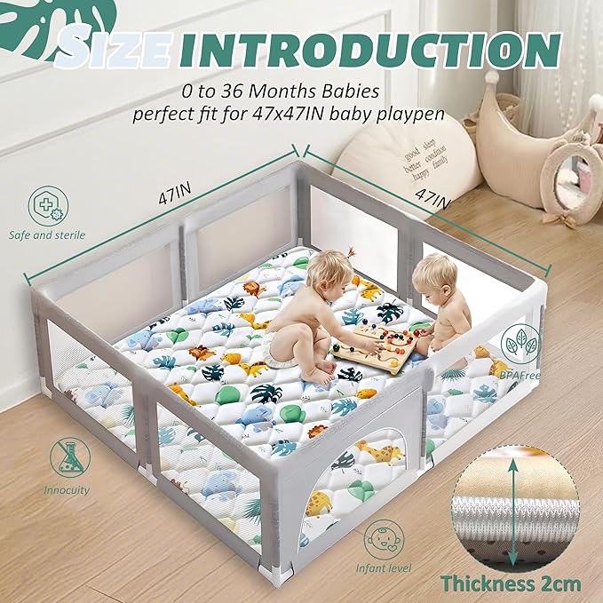 Baby Play Mats for Floor, 47x47 Playpen Mat for Babies, Extra Thicker & Soft Floor Crawling Mat, Foldable Non-Slip Playmat Cushioned for Infants Toddlers, Cute Animal Design-CubbioJoy