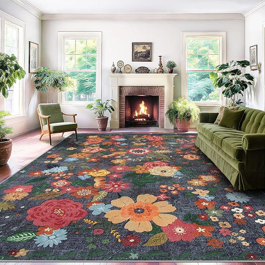 Area Rug Living Room Rugs: 5x7 Washable Rug Vintage Floral Soft Boho Non Slip Carpet Indoor Floor Non Shedding Low Pile Thin Carpets for Bedroom Dining Room Farmhouse Nursery Home Office Black-CubbioJoy