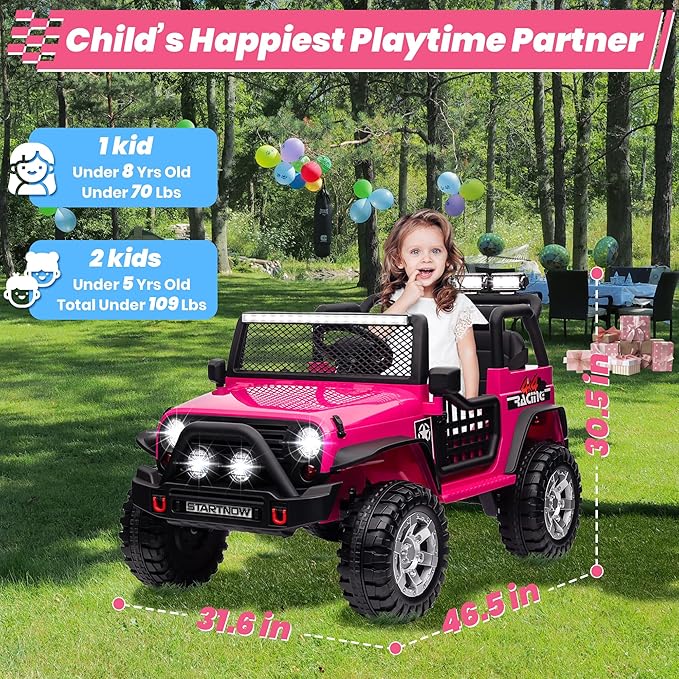 24V 4WD Ride on Truck Car w/800W Motors, Gift Flower, Remote Control, 2 Seaters, Light Bar, 3 Speeds, Pop Music, Power Four Wheels, 24 Volt Ride on Toy Car for Big Kids, Rose Red-CubbioJoy