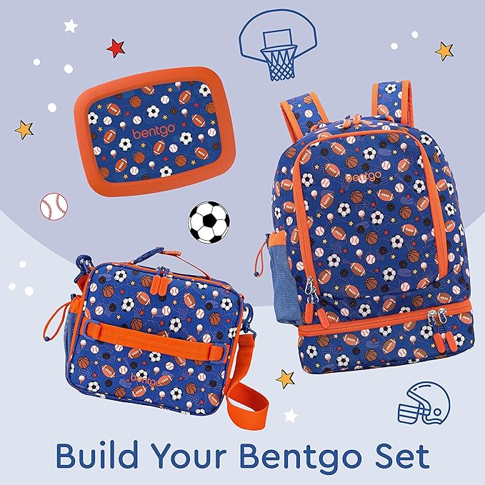 Bentgo Kids 2-in-1 Backpack & Insulated Lunch Bag - Durable 16” Backpack & Lunch Container in Unique Prints for School & Travel - Water Resistant, Padded & Large Compartments (Sports)-CubbioJoy
