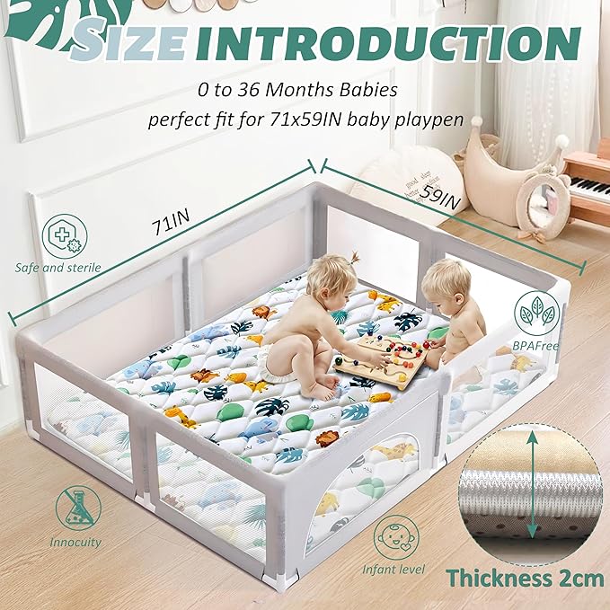 Baby Play Mats for Floor, 71x59 Playpen Mat for Babies, Extra Thicker & Soft Floor Crawling Mat, Foldable Non-Slip Playmat Cushioned for Infants Toddlers, Cute Animal Design-CubbioJoy