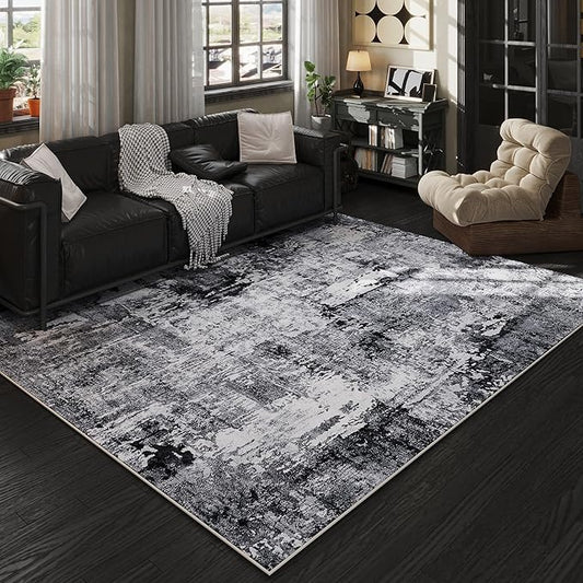 6x9 Rug Washable Bedroom Rug Large Soft Area Rug Abstract Pattern Non-Slip Faux Wool Vintage Rug for Living Room, Farmhouse, Dining Room, Kids Playroom, Grey and Black-CubbioJoy