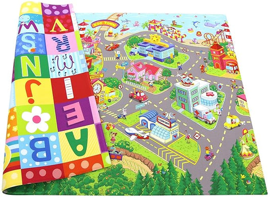 Baby Care Play Mat (Medium, Playful - Zoo Town) 73’’ x 49’’ Original One-Piece Reversible Rollable Waterproof Play Mat for Infants, Babies, Toddler, and Kids-CubbioJoy