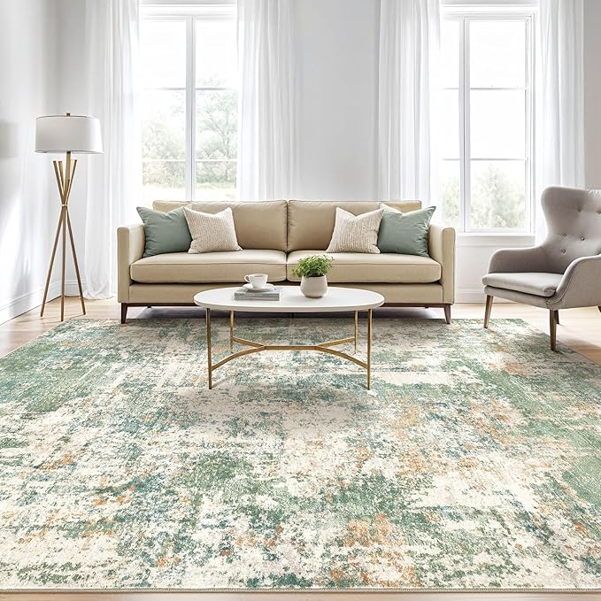 Area Rugs 9x12 Living Room: Washable Large Abstract Soft Green Rug Stain Resistant Indoor Floor Non-Slip Accent Carpet for Men Modern Home Enthusiasts Aged 25-45 - Bedroom Office Playroom-CubbioJoy
