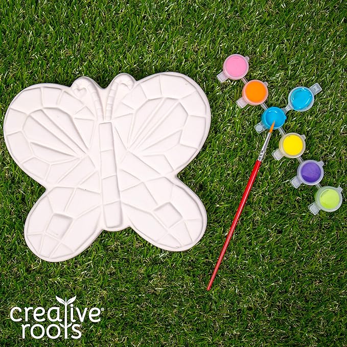 Creative Roots Mosaic Butterfly Stepping Stone Kit, Includes 7-Inch Ceramic Stepping Stone & 6 Vibrant Paints, Paint Your Own Stepping Stone, DIY Stepping Stone for Kids Ages 8+ White-CubbioJoy
