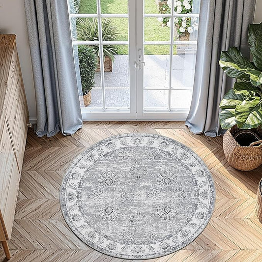 jinchan Round Rug 4ft Area Rug - Indoor Vintage Hallway Circle 4' Washable - Ultra-Thin Low Pile Soft Small Non Slip Distressed Floral Print for Living Room Dining Room Bedroom Entryway Grey-CubbioJoy