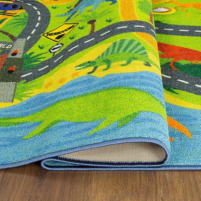 KC Cubs 8x10 Dinosaur Toy Car Dino Road Rug – Educational Play Mat Carpet for Kids, Toddlers, Nursery, Classroom, Playroom, Baby Daycare, Boys & Girls-CubbioJoy