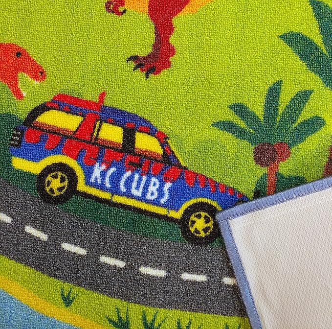 KC Cubs 3x5 Dinosaur Toy Car Dino Road Rug – Educational Play Mat Carpet for Kids, Toddlers, Nursery, Classroom, Playroom, Baby Daycare, Boys & Girls-CubbioJoy