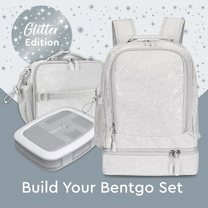Bentgo Kids 2-in-1 Backpack & Insulated Lunch Bag - Glitter Designed 16” Backpack for School & Travel -, Durable, Water Resistant, Padded, & Large Compartments (Glitter Edition - Silver)-CubbioJoy
