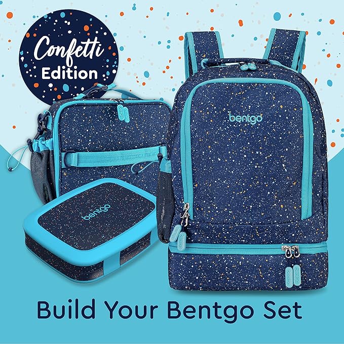 Bentgo Kids 2-in-1 Backpack & Insulated Lunch Bag - Confetti Designed 16” Backpack for School & Travel -, Durable, Water Resistant, Padded, & Large Compartments (Confetti Edition - Abyss Blue)-CubbioJoy