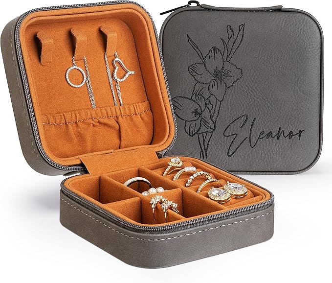 Custom Leather Jewelry Box w/Name & Birth Flower Month - Birthday Gifts for Women, Personalized Jewelry Travel Case - Customized Jewelry Organizer Box, Mom Birthday Gifts - Gray-CubbioJoy