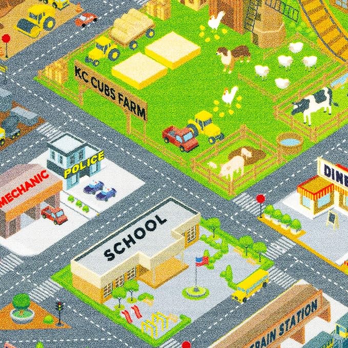 KC Cubs 8x10 Country Farm Construction Car Road Street Rug – Educational Carpet Play Mat for Kids, Toddlers Nursery, Classroom, Playroom, Baby Daycare-CubbioJoy