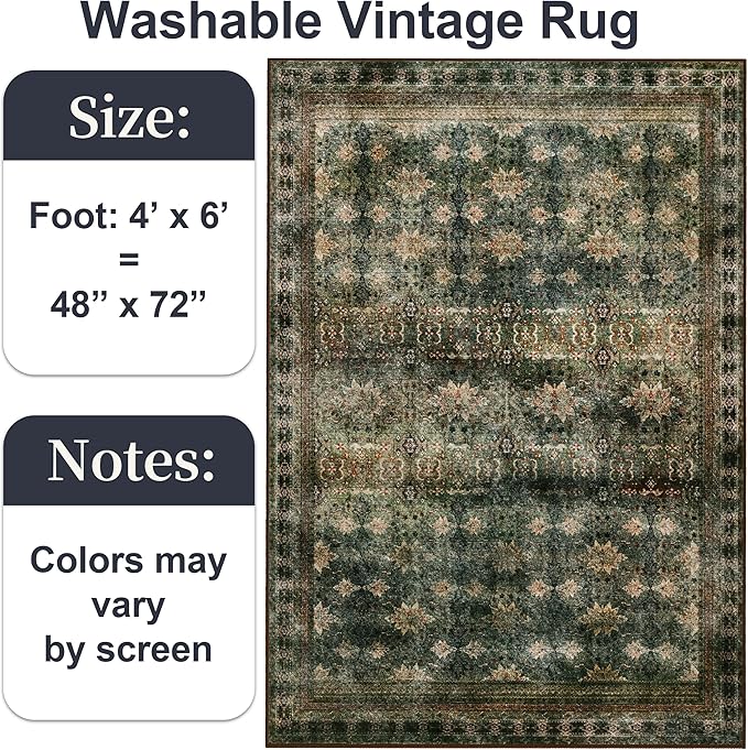 4x6 Area Rug for Bedroom Machine Washable, Non Slip Vintage Floral Kitchen Rugs for Dining Room, Rustic Indoor Floor Carpet for Kids Room, Playroom, Farmhouse(Dark Green/Brown/Multi)-CubbioJoy