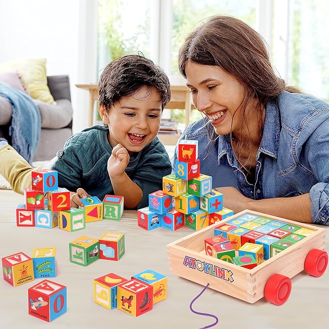 Atoylink ABC Wooden Building Blocks for Toddlers 1-3, 30 Pcs Alphabet & Number Stacking Toys with Storage Pull Toy Car Learning & Education Montessori Toys for 1 2 3 Year Old Baby Boy Girl Gifts-CubbioJoy