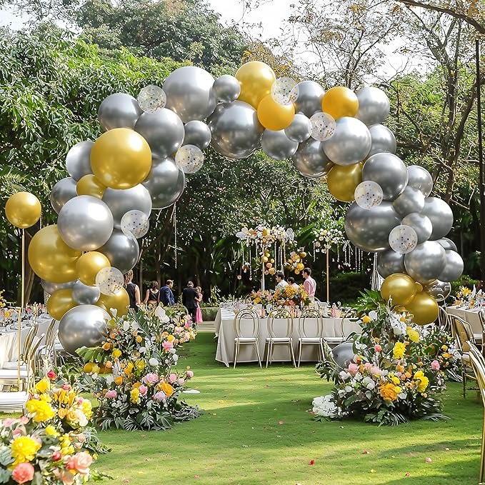 JOYIN 150 Pcs Metallic Silver Balloons, Different Sizes 18 12 10 5 Inch Silver Latex Balloon Arch Kit with Instruction for Birthday Party Graduation Wedding Holiday Decoration-CubbioJoy